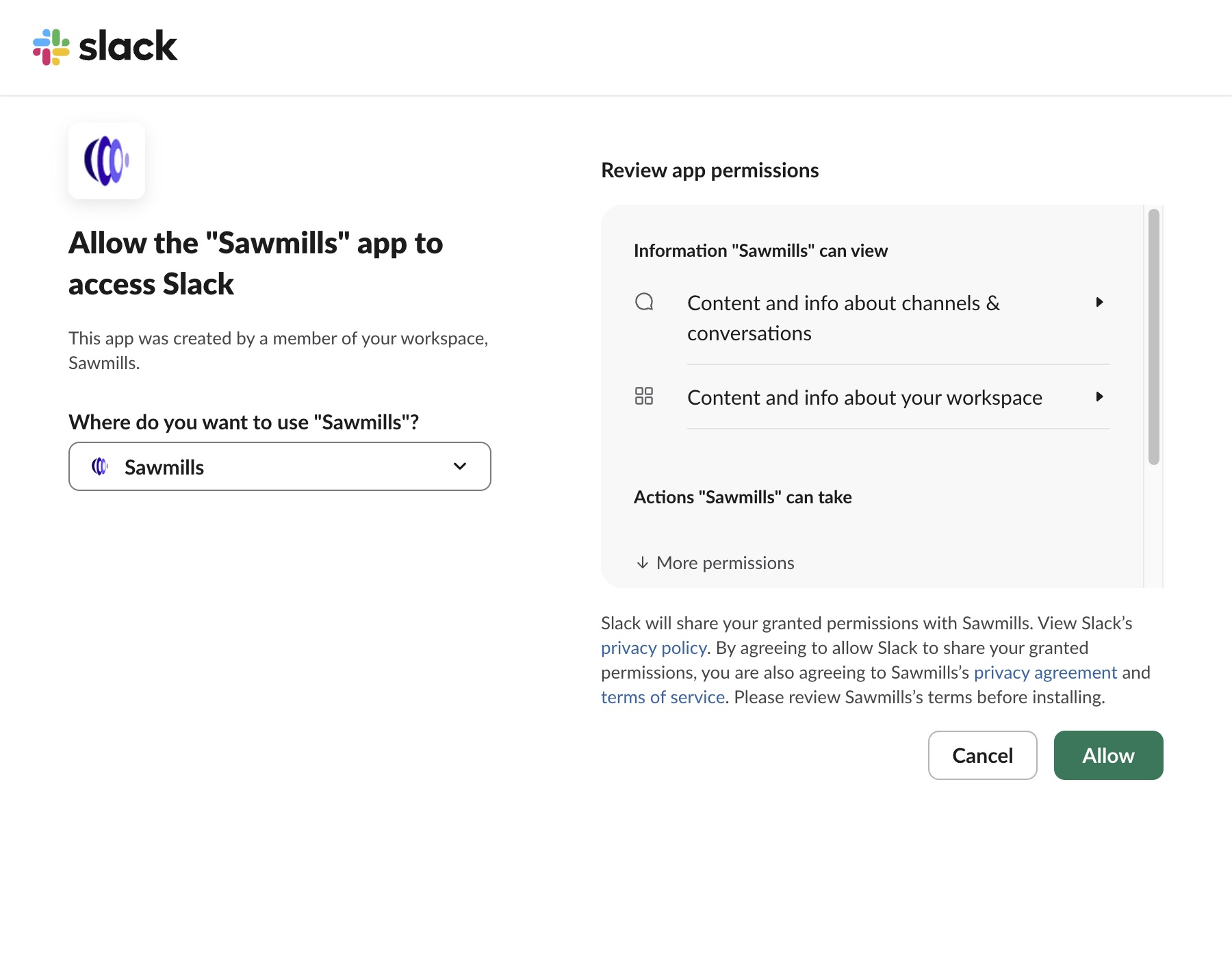 Slack OAuth workspace selection and consent screen
