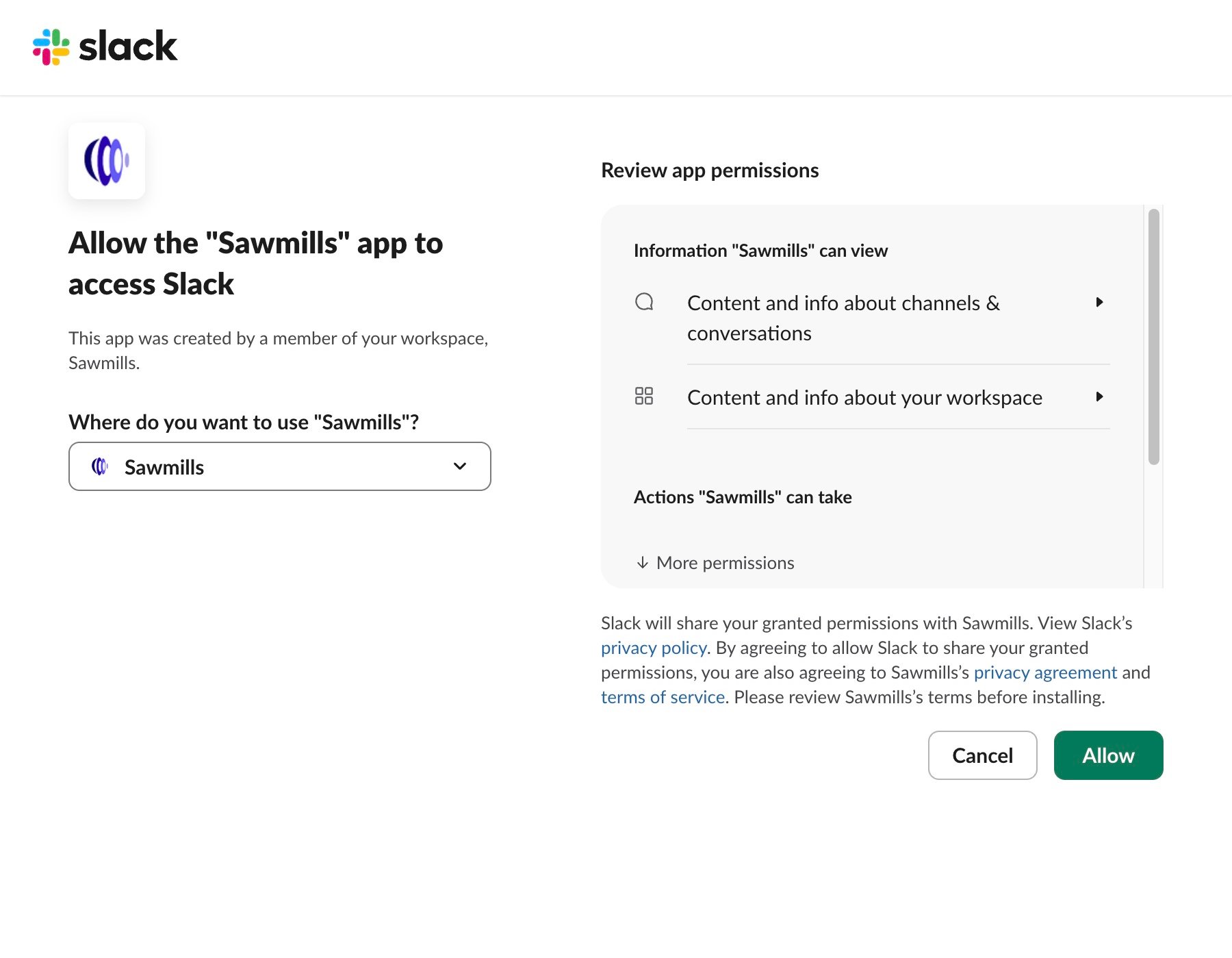 Slack OAuth workspace selection and consent screen