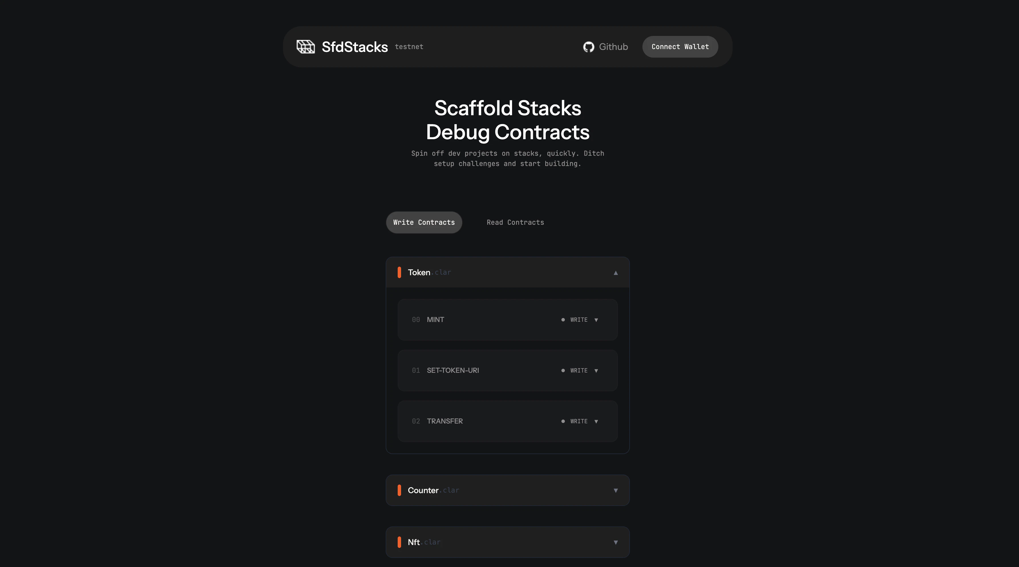 Debug UI showing contract interaction forms