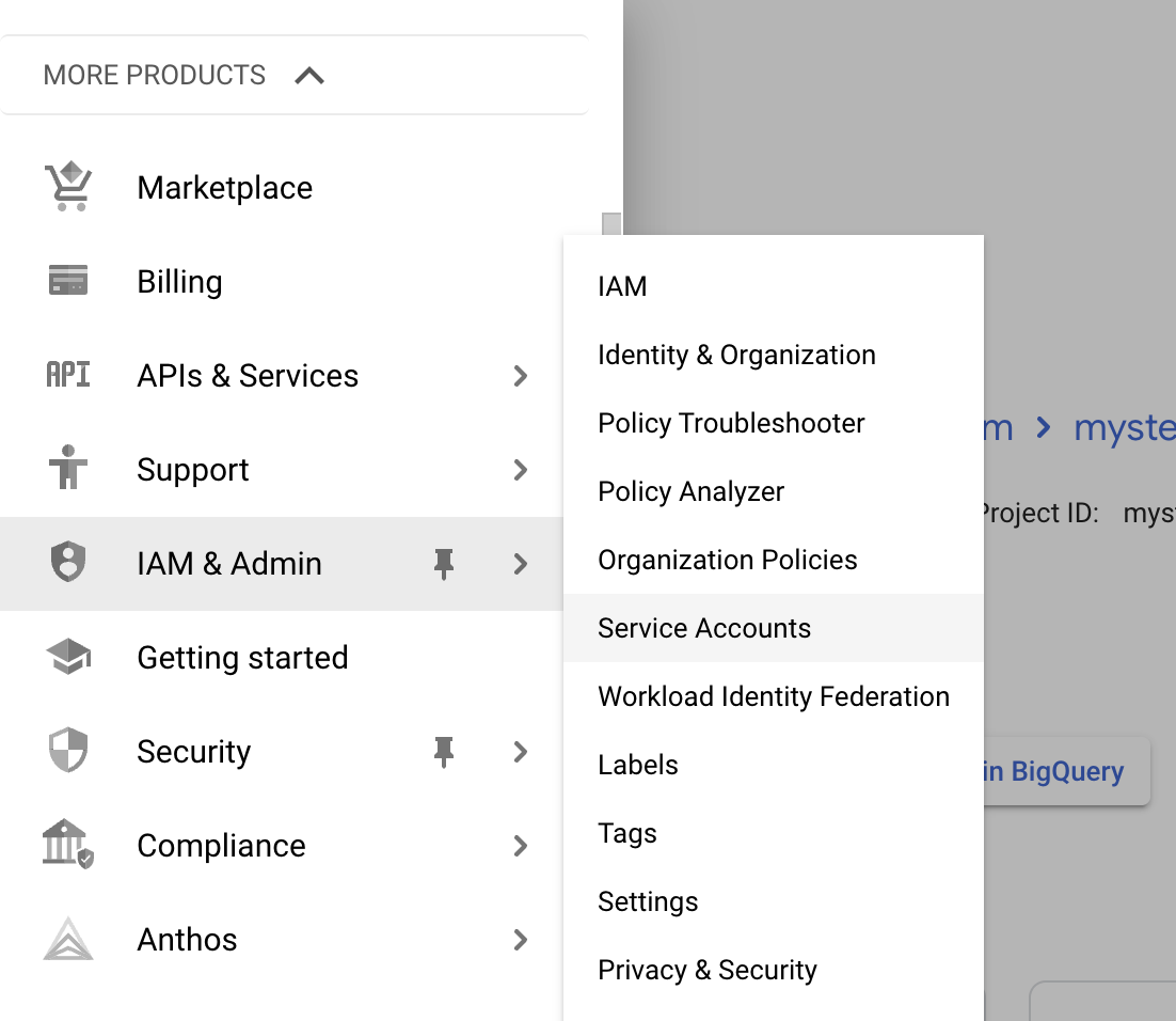 GCP Open Service Accounts Page