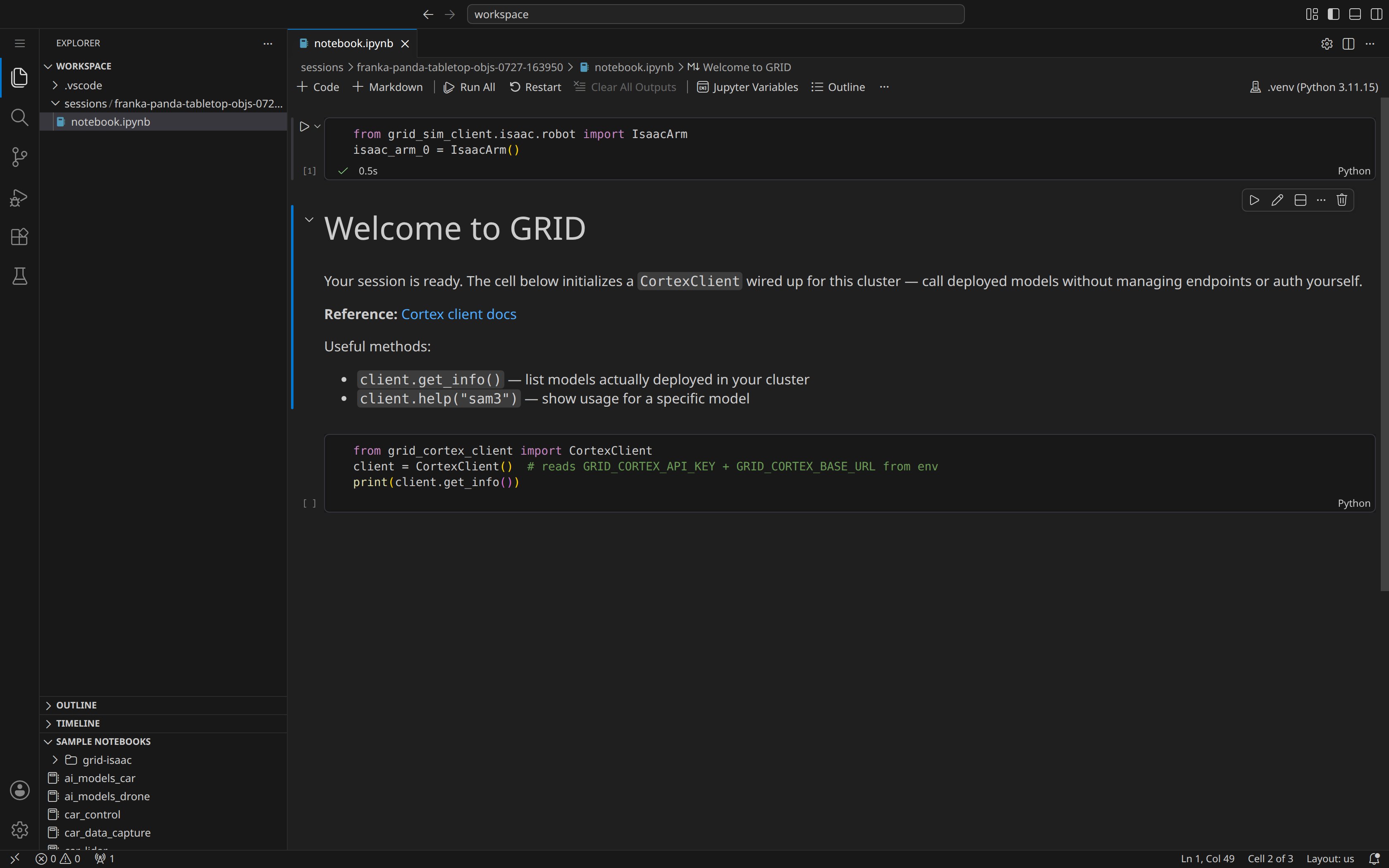 The session workspace: the seeded welcome notebook open in the browser IDE, with the first cell connected to the simulated Franka arm