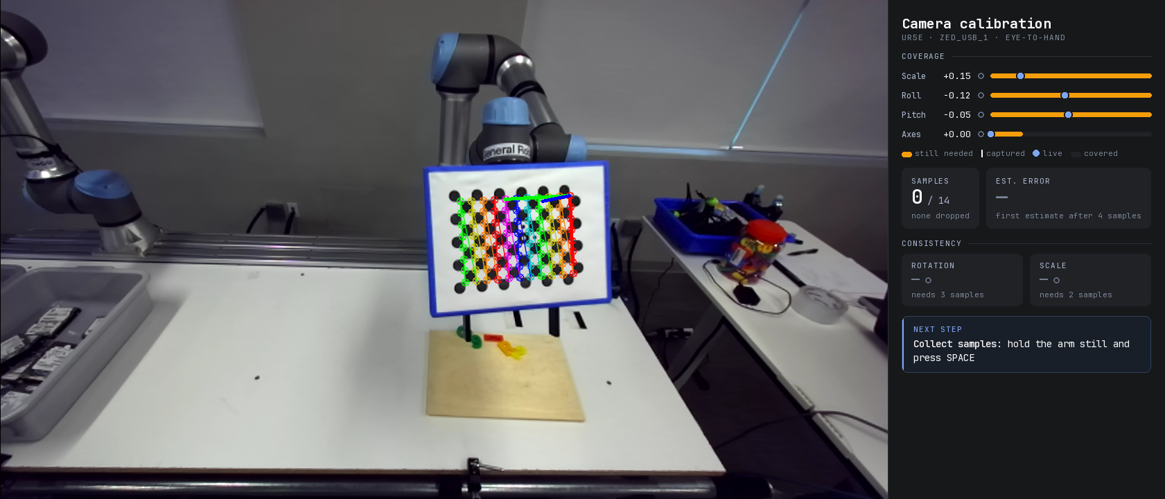 Calibration window: the camera view with the detected target, the coverage panel, and the next step