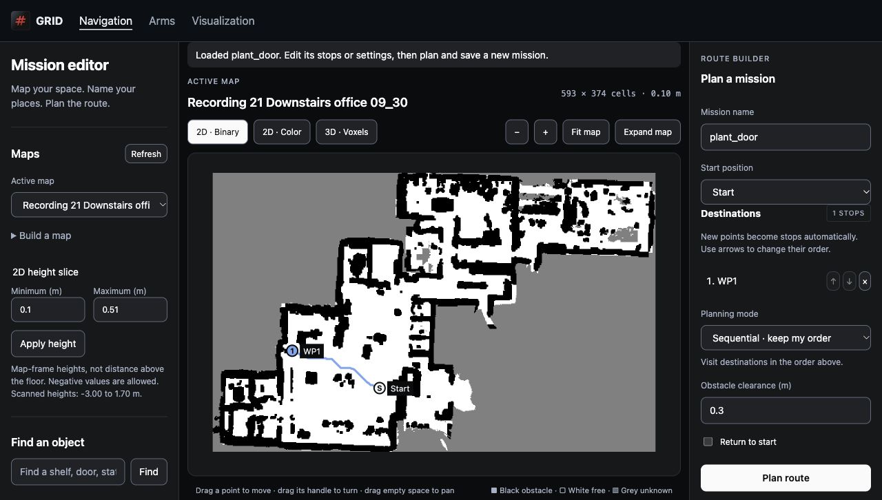 Mission editor showing a completed office map, the Start and WP1 waypoints, and a saved route.