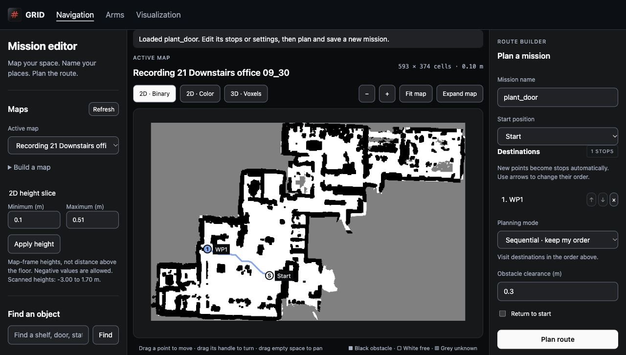 Mission editor showing a completed office map, the Start and WP1 waypoints, and a saved route.