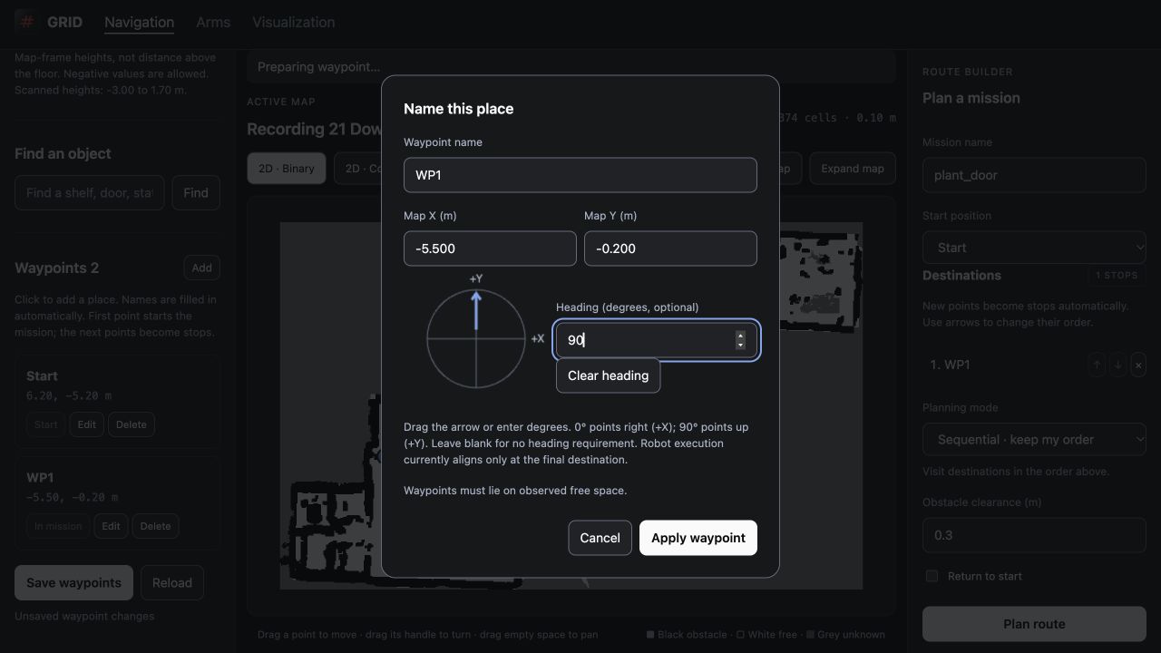 Waypoint editor with map coordinates and an optional 90 degree heading.
