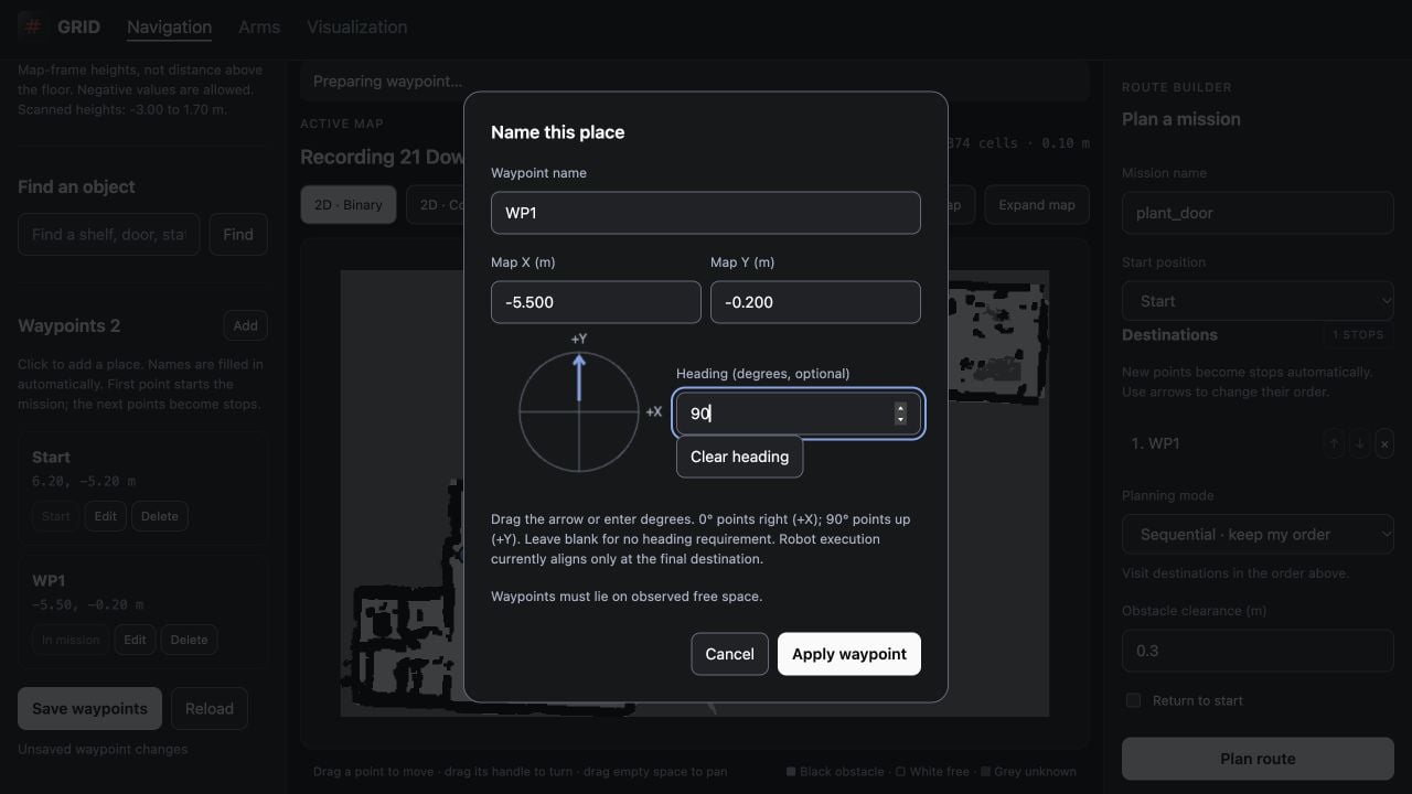 Waypoint editor with map coordinates and an optional 90 degree heading.