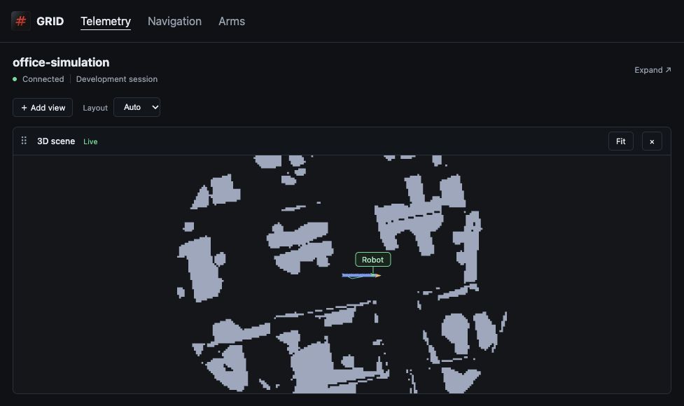 GRID CLI Telemetry page with the office-simulation connection, Add view control, and a navigation map centred on the robot and route.