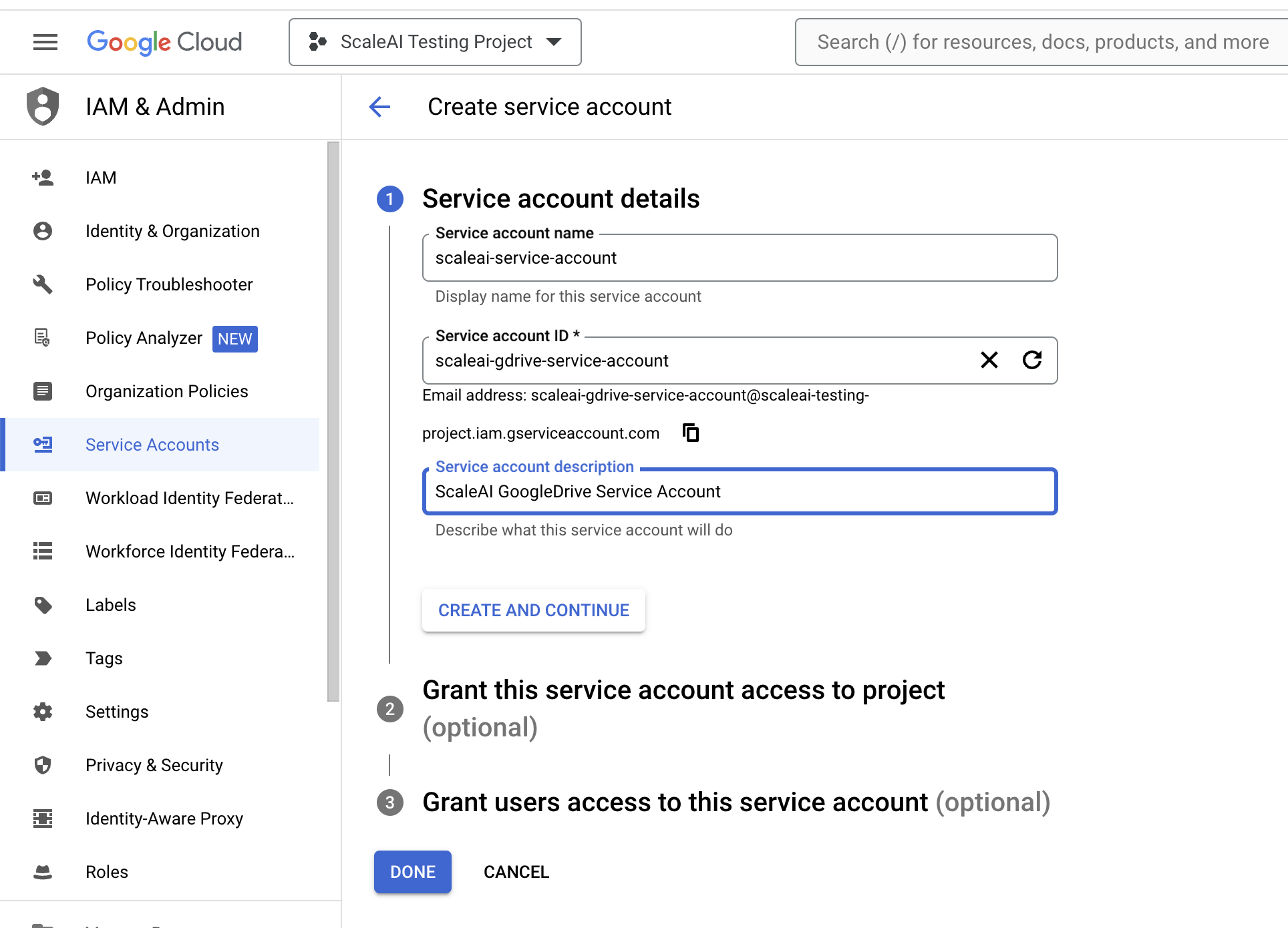 Service Account Details