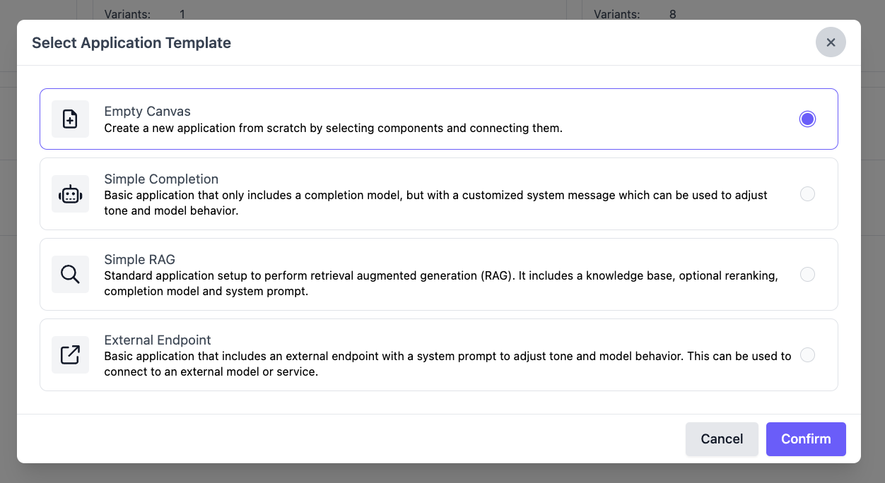 Select an application template or create from scratch
