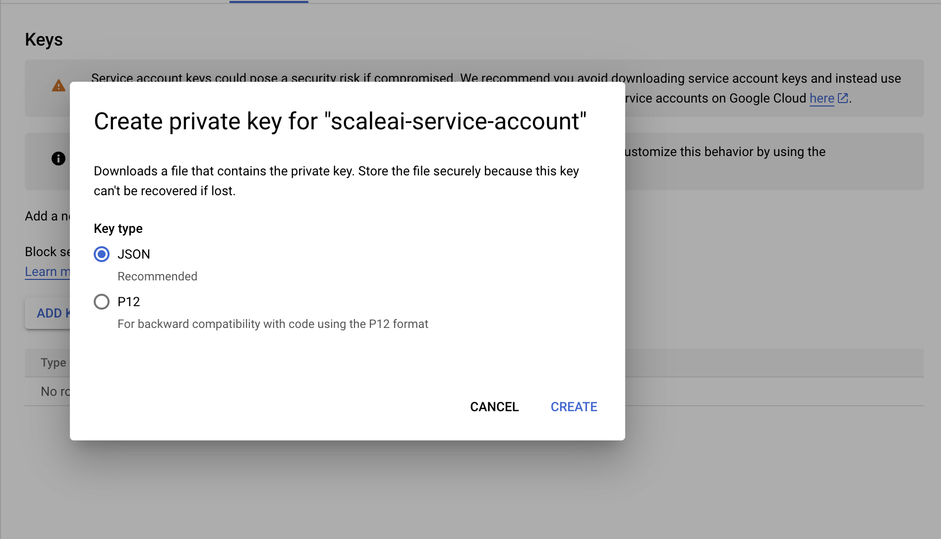 Add Key - Create JSON Key