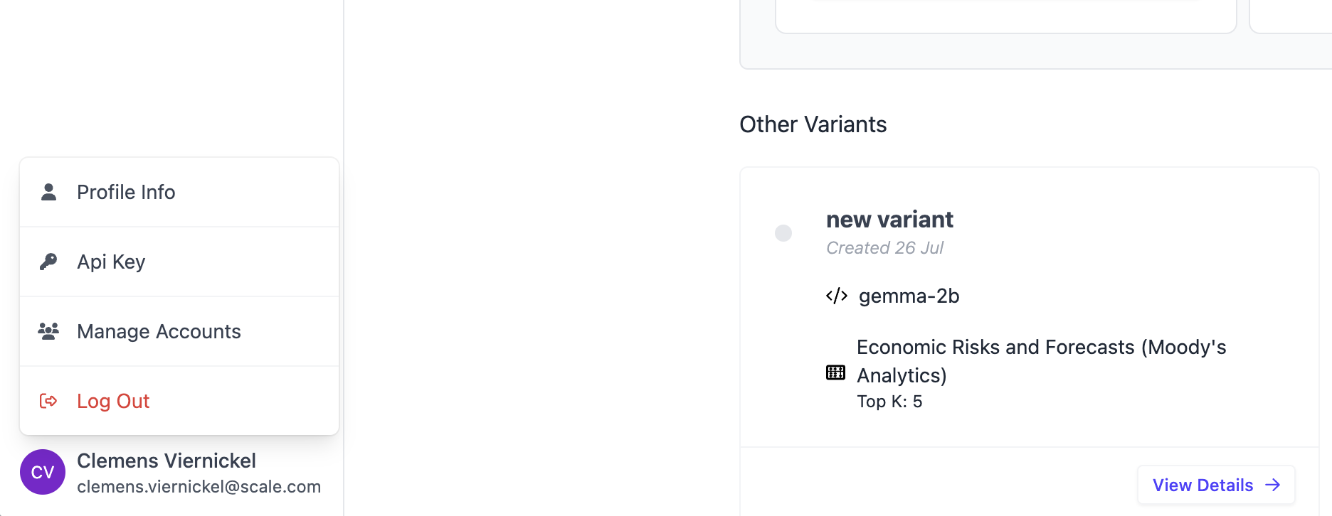 Account actions context menu in SGP.