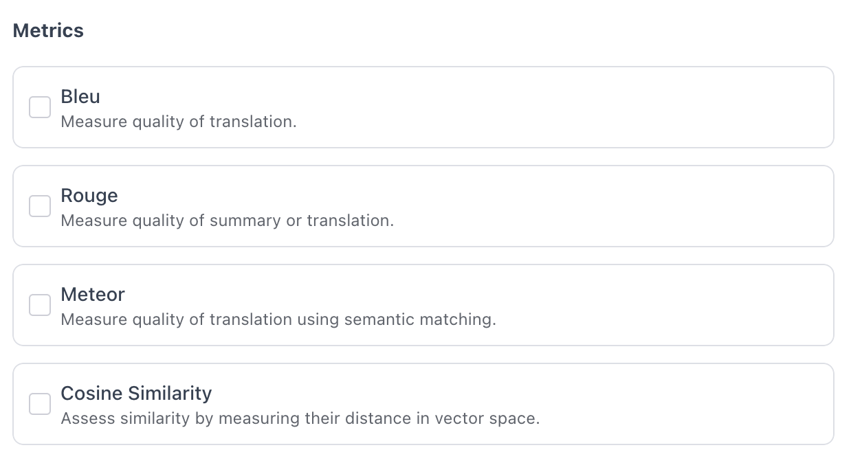 Evaluation metrics selection interface