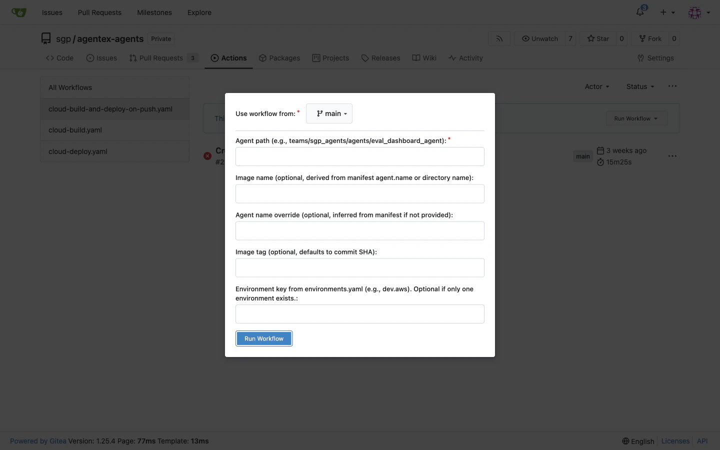 Gitea manual dispatch form with input fields for agent path and configuration