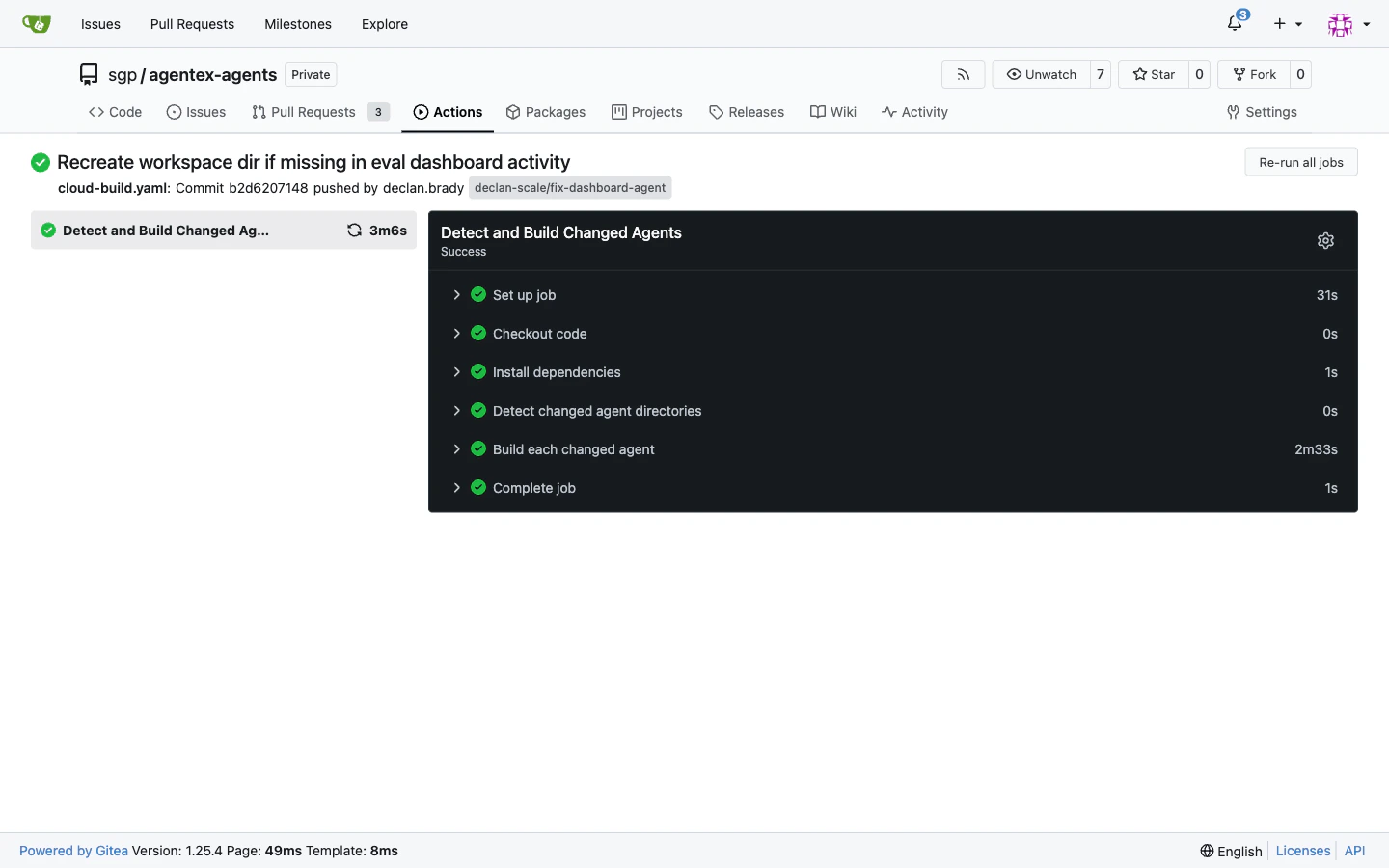 Gitea workflow run detail page showing build and deploy steps