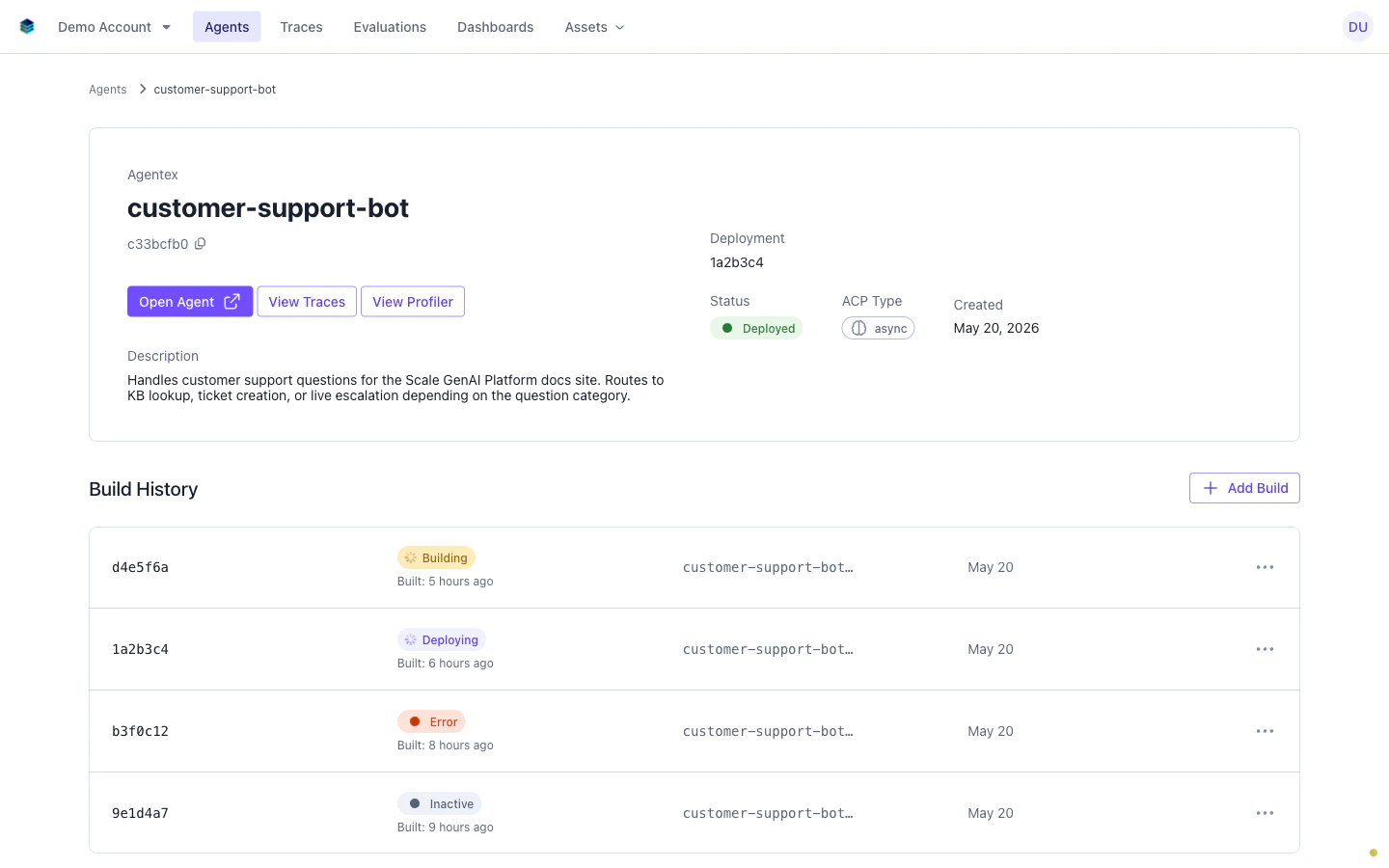 Agent detail page showing header metadata and build history timeline