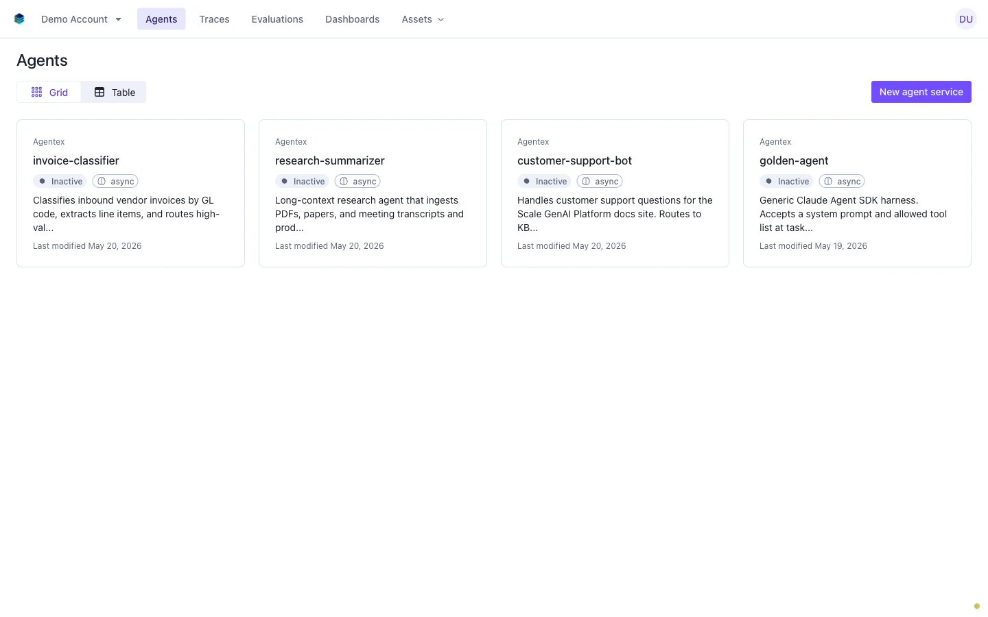 Agents grid showing registered Agentex agents with status badges and descriptions
