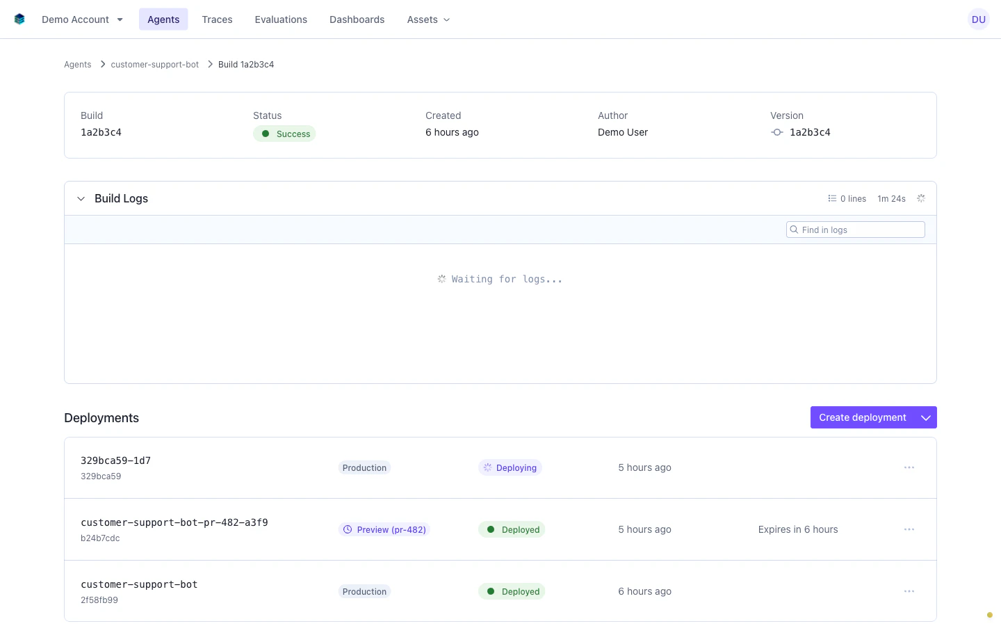 Build detail page showing multiple deployments with mixed statuses