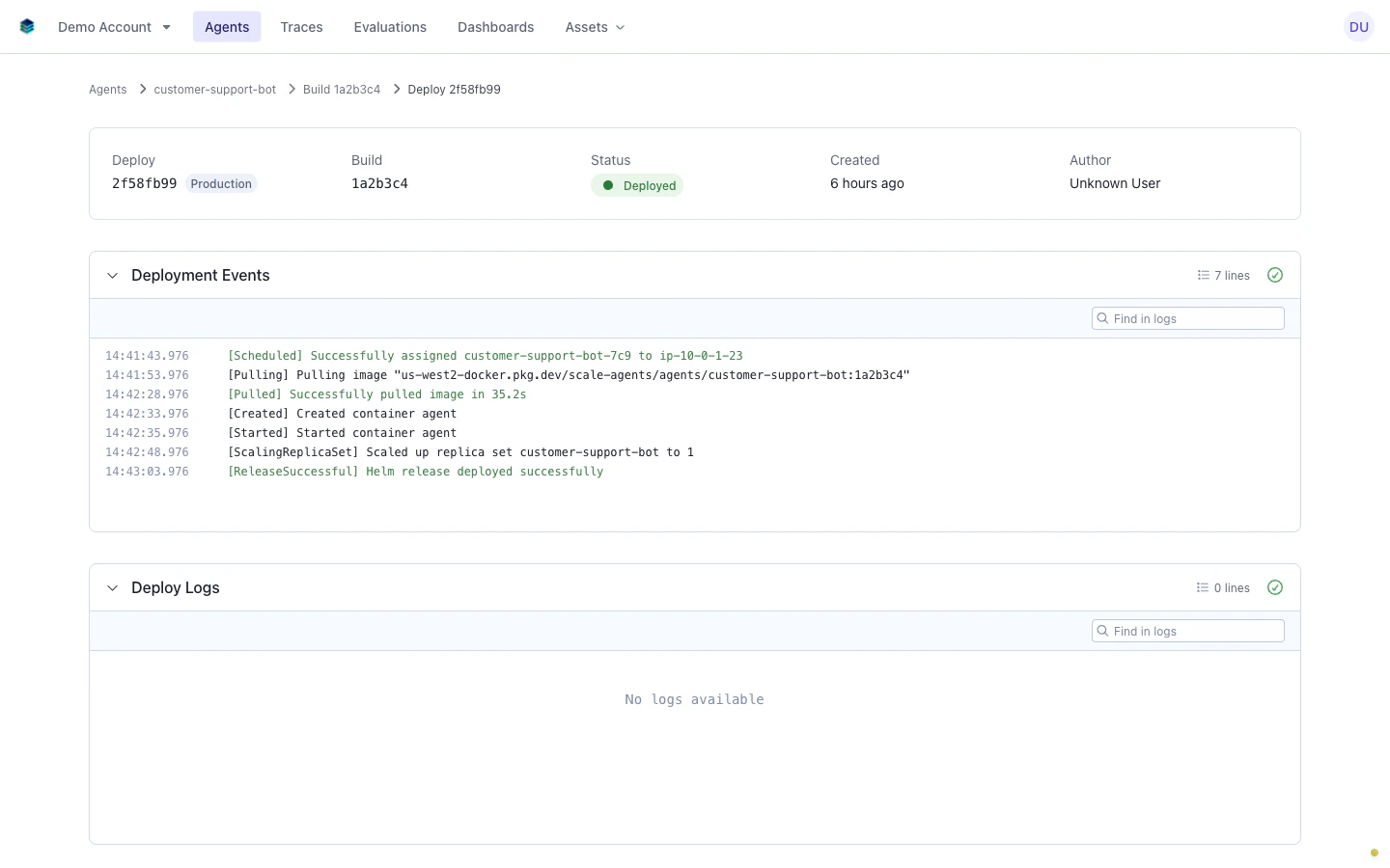 Deployment detail page showing metadata, deployment events timeline, and deploy logs section