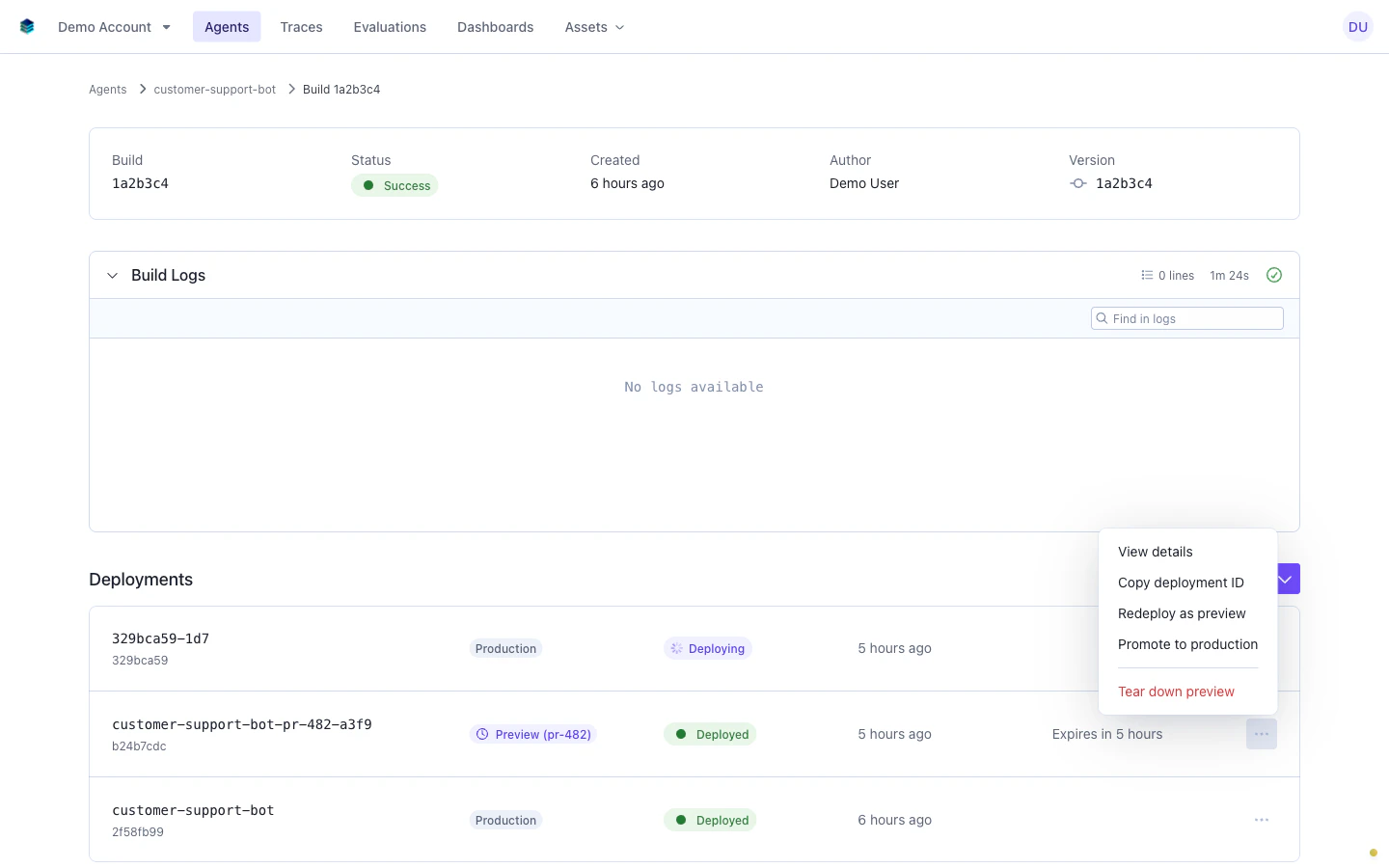 Three-dot actions menu on a preview deployment showing View details, Copy deployment ID, Redeploy as preview, Promote to production, and Tear down preview