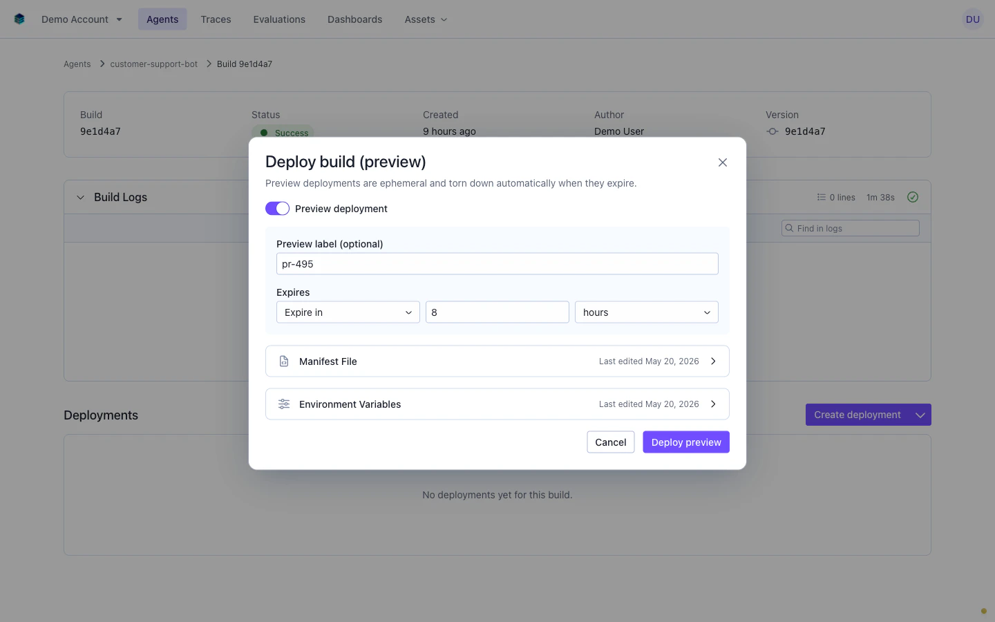 Deploy modal with preview toggle enabled, showing preview label field and TTL picker