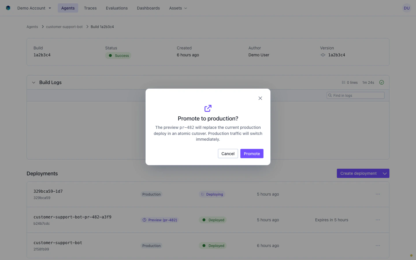Promote to production confirmation dialog