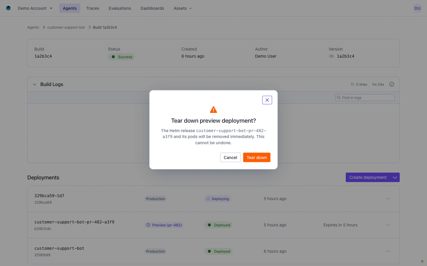 Tear down confirmation dialog