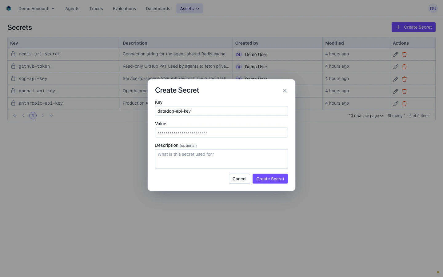 Create Secret dialog with key, value, and description fields