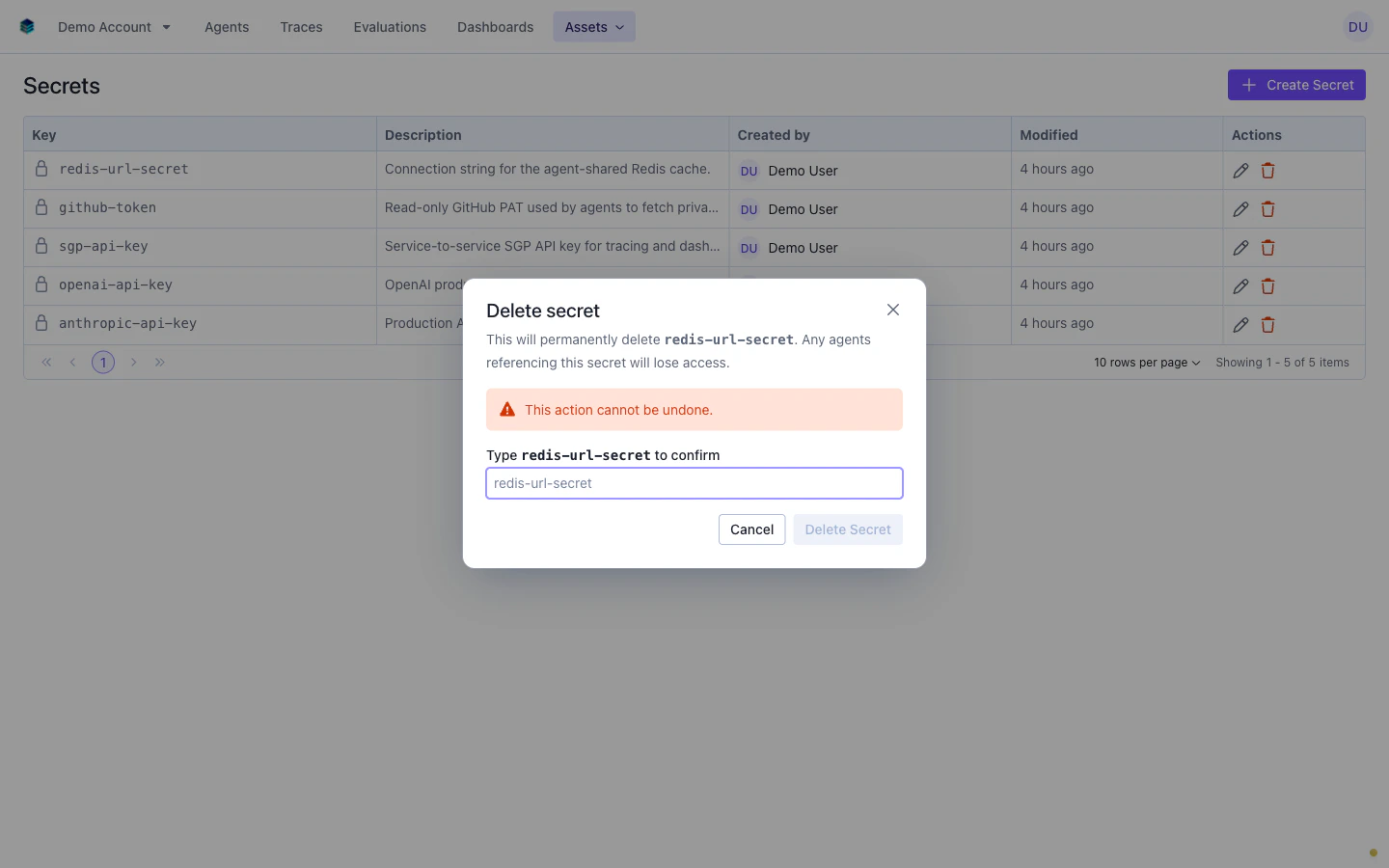 Delete confirmation dialog requiring the secret name to be typed for confirmation