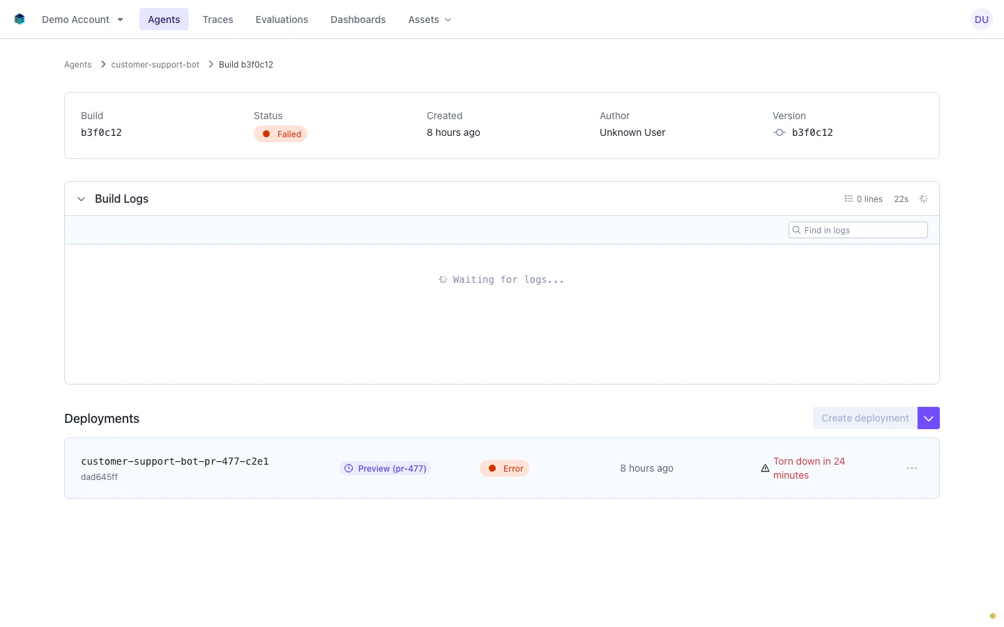 Failed build detail page showing error status and build logs section
