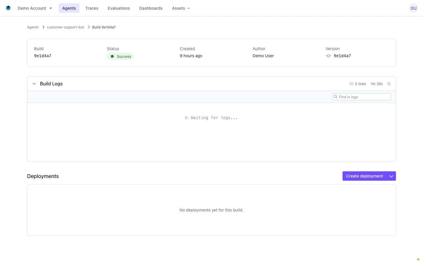 Build detail page showing a successful build with no deployments and a Create deployment button