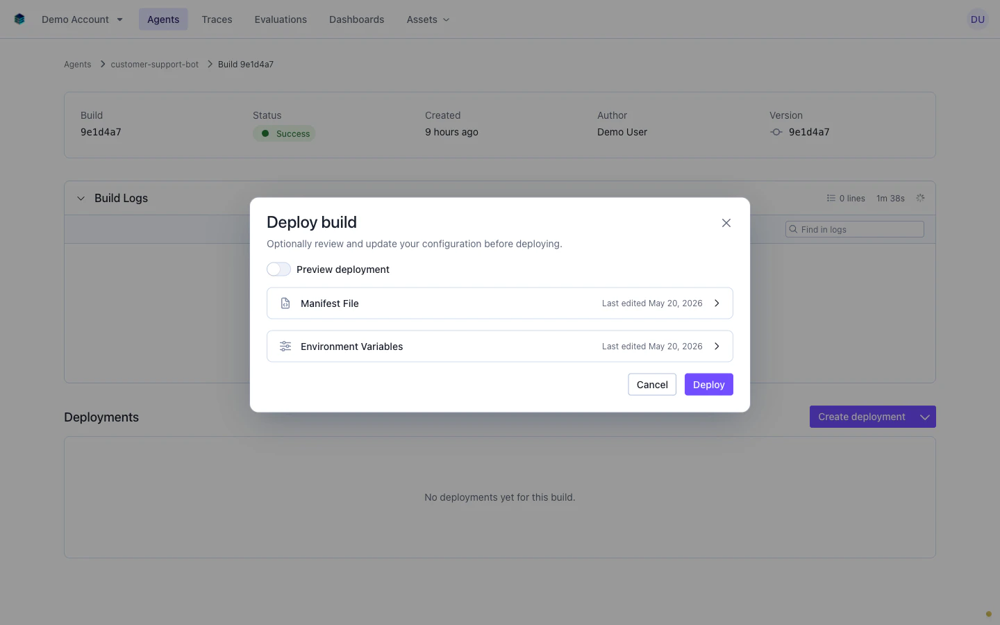 Deploy modal showing preview toggle, manifest file section, and environment variables section