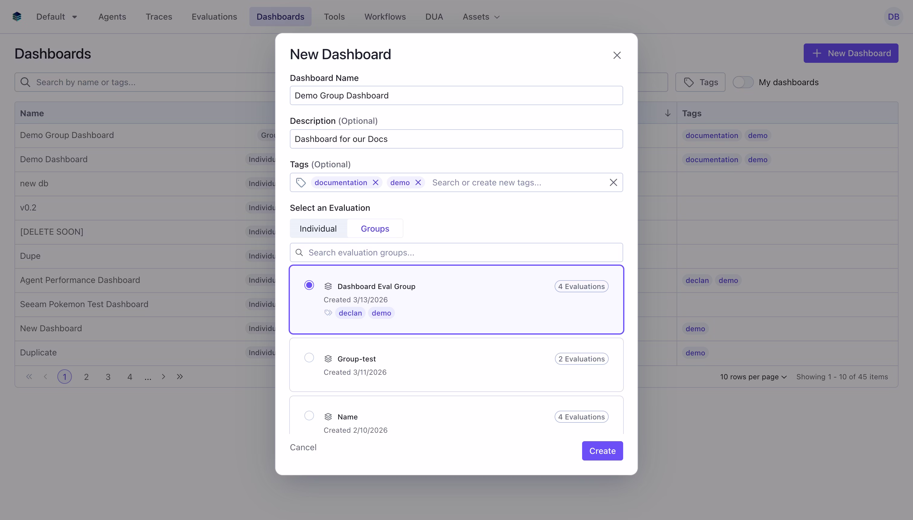 Evaluation Group Dashboard Create Modal