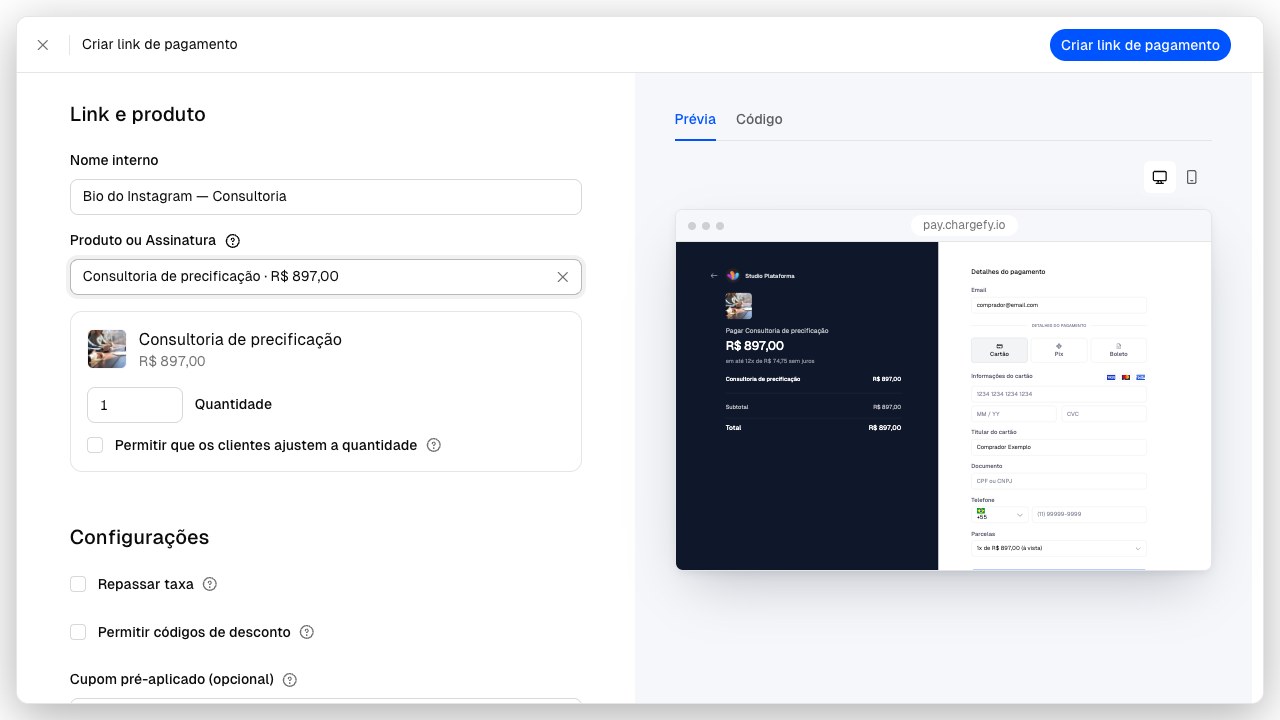 Tela Criar link de pagamento preenchida com produto e quantidade ao lado da prévia do checkout hospedado