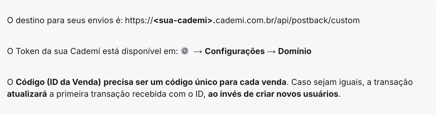 Trecho da documentação da Cademí indicando o destino dos envios, a localização do token em Configurações, Domínio, e a exigência de código único por venda