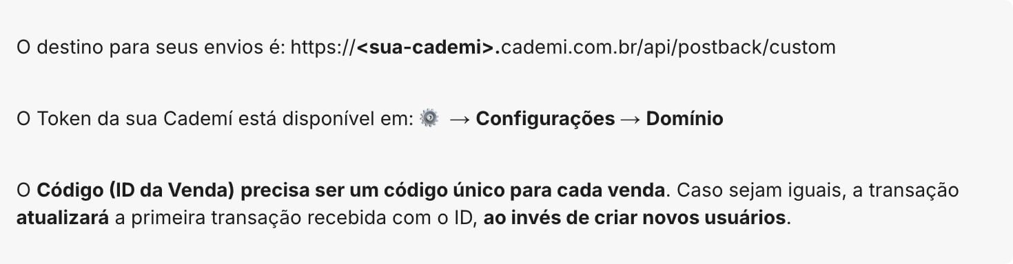 Trecho da documentação da Cademí indicando o destino dos envios, a localização do token em Configurações, Domínio, e a exigência de código único por venda