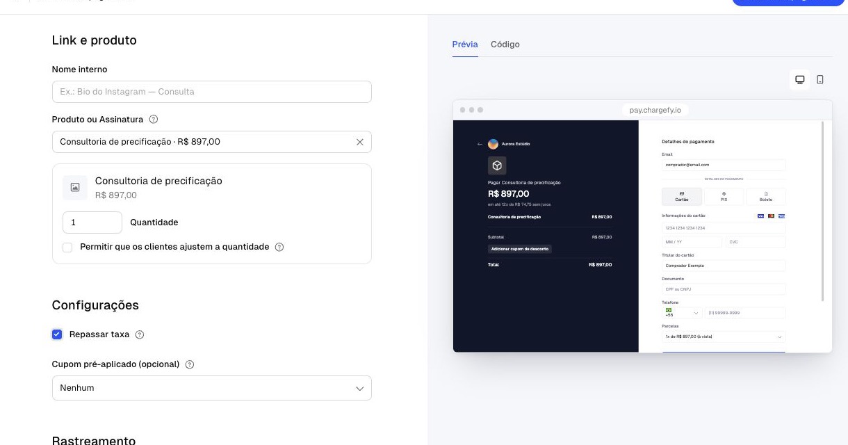 Dashboard da Chargefy criando um Payment Link com a opção Repassar taxa ativada e preview do checkout