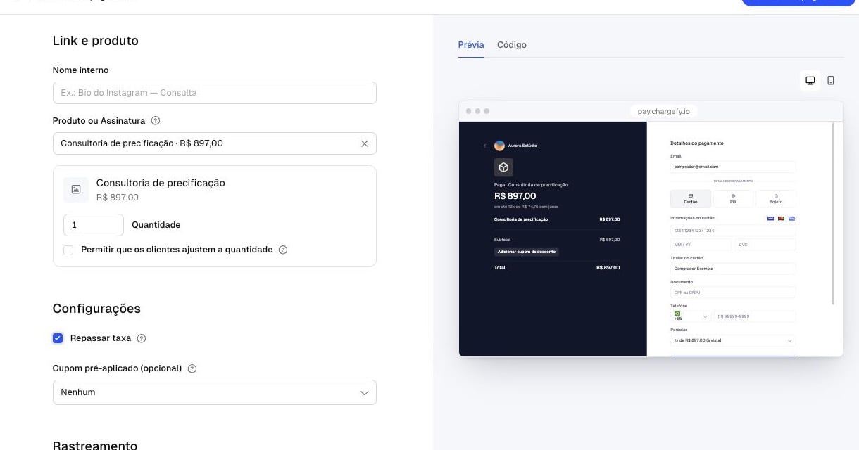 Dashboard da Chargefy criando um Payment Link com a opção Repassar taxa ativada e preview do checkout