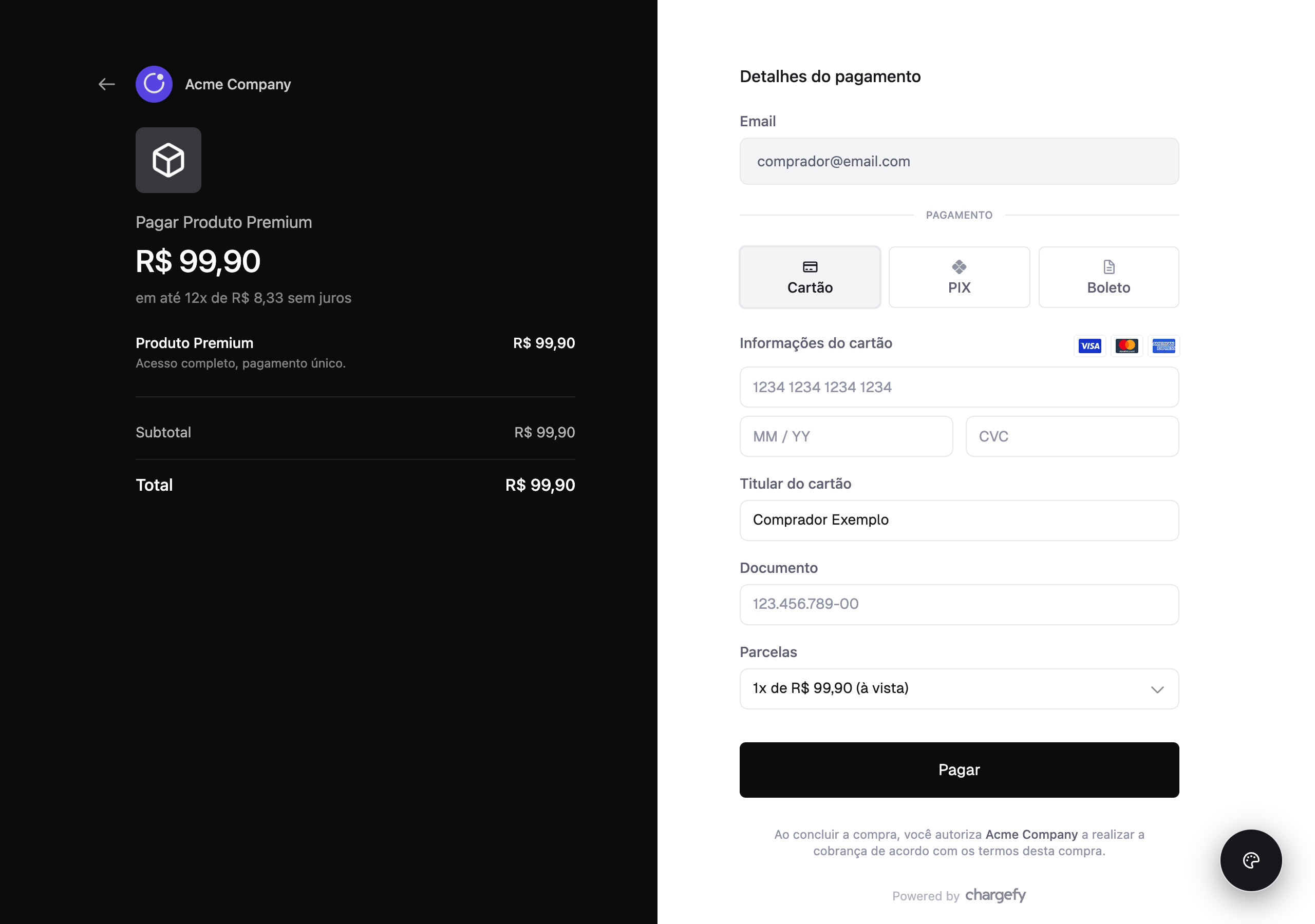 Página de checkout hospedada pela Chargefy com resumo do pedido e formulário de pagamento