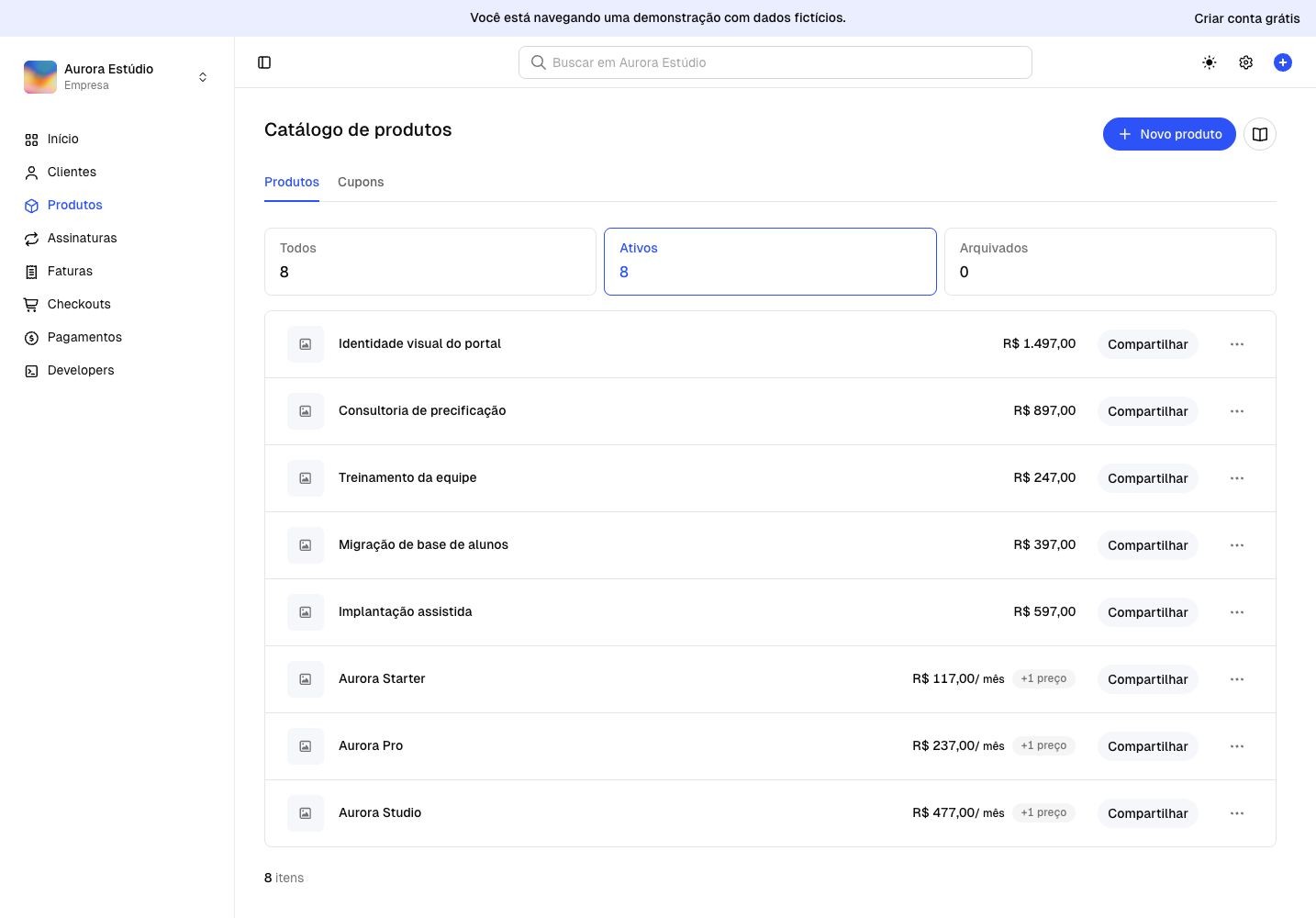 Dashboard de demonstração da Chargefy no Catálogo de produtos, com o botão Novo produto, filtros de status e oito produtos ativos