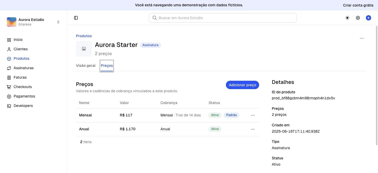 Dashboard de demonstração da Chargefy na aba Preços do produto Aurora Starter, com preços mensal e anual e os indicadores Ativo e Padrão