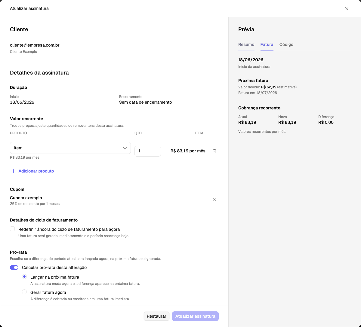 Painel Atualizar assinatura em tema claro com valor recorrente, opções de pró-rata e prévia