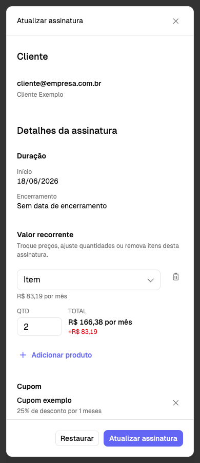Painel Atualizar assinatura em mobile com campos empilhados em tema claro