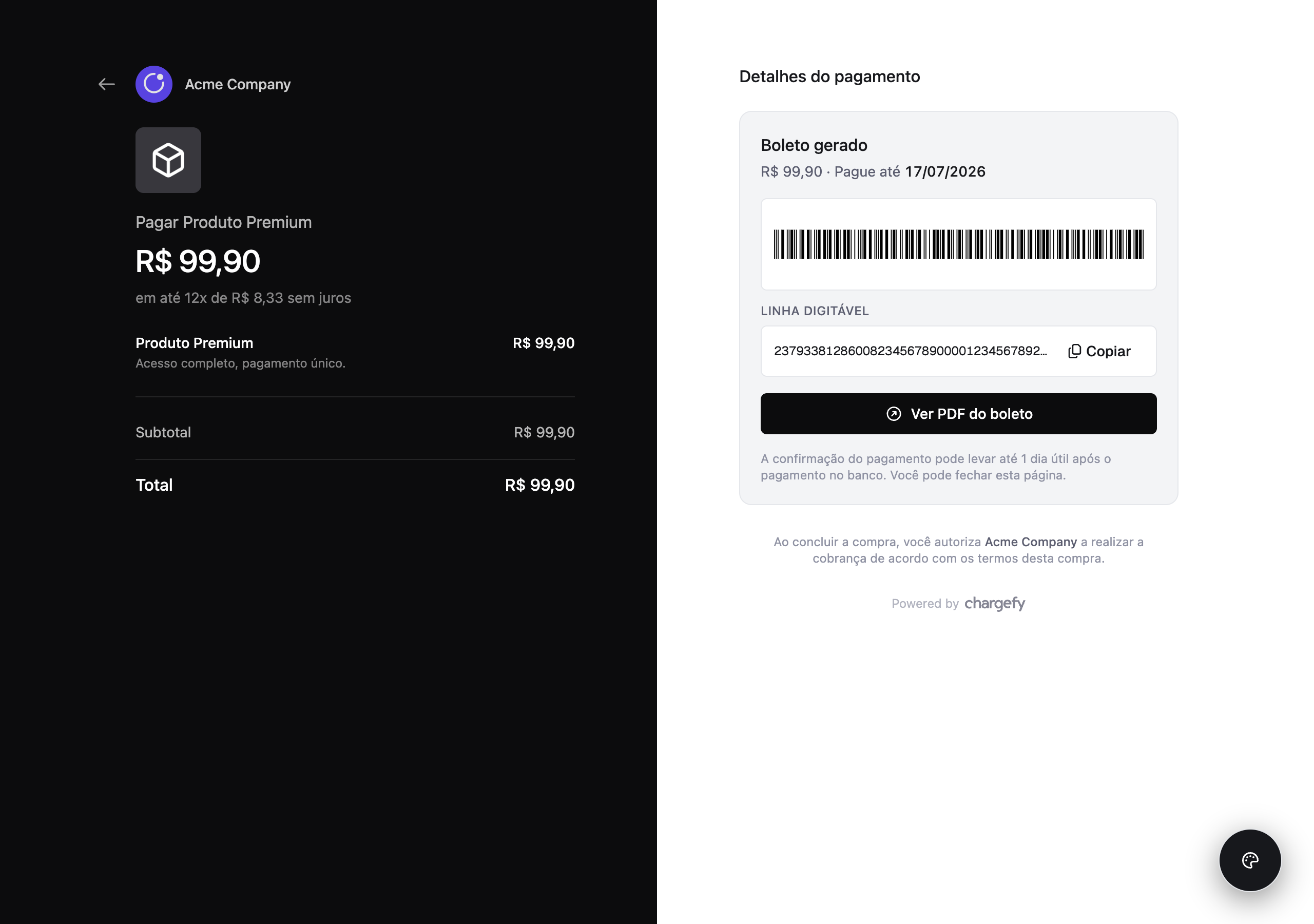 Página de pagamento hospedada mostrando boleto gerado, com código de barras e linha digitável