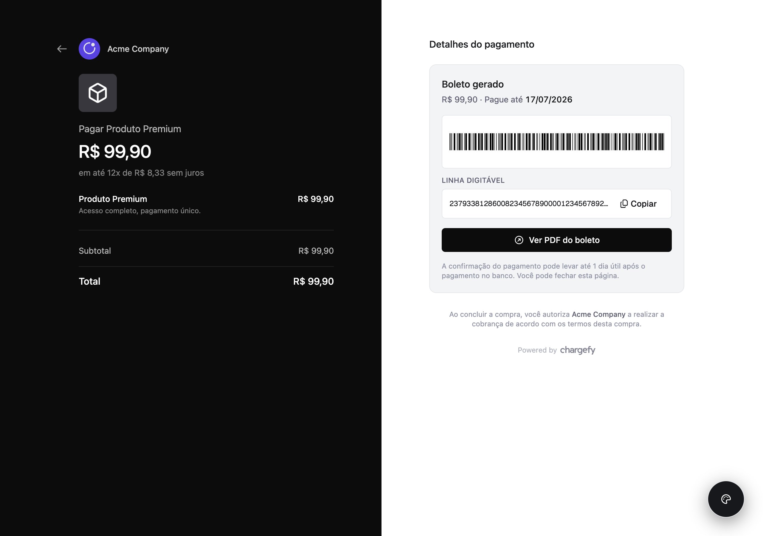 Página de pagamento hospedada mostrando boleto gerado, com código de barras e linha digitável