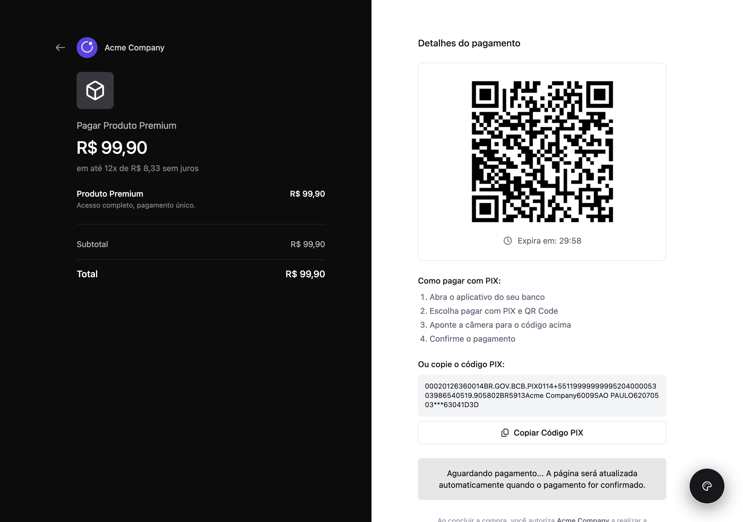 Página de pagamento hospedada mostrando QR code PIX gerado, com instruções de pagamento