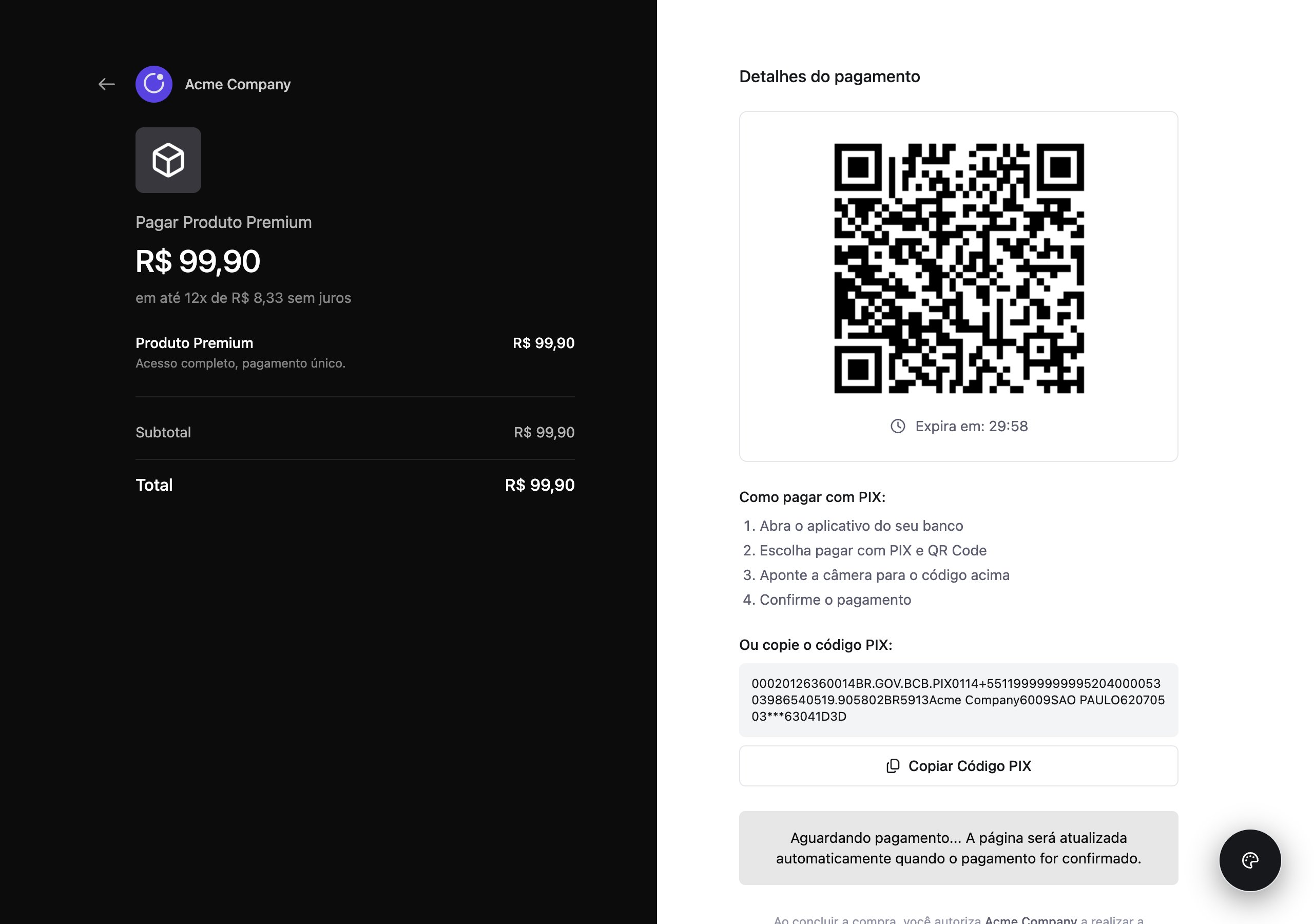 Página de pagamento hospedada mostrando QR code PIX gerado, com instruções de pagamento