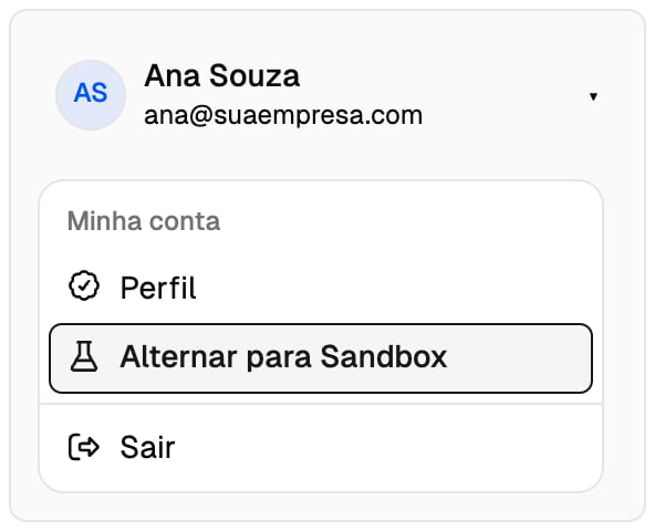 Menu Minha conta aberto com o item Alternar para Sandbox destacado