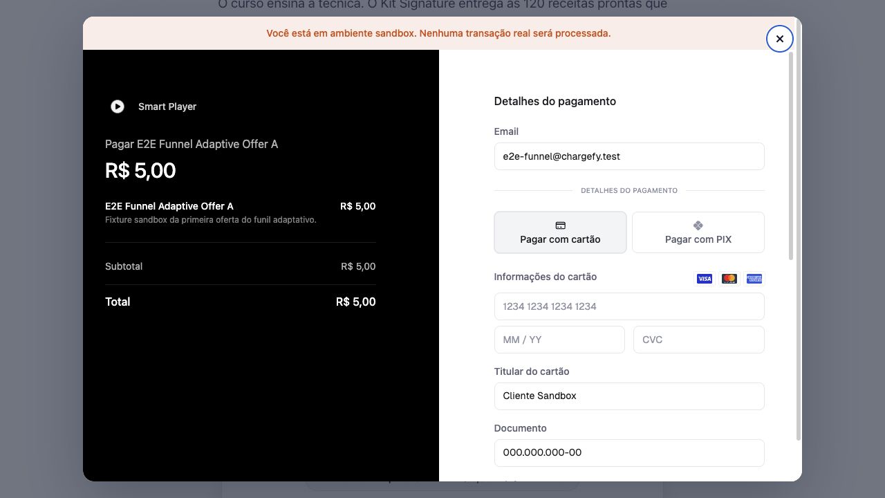 Modal de pagamento de uma oferta com abas para cartão e Pix e dados cadastrais do comprador já preenchidos