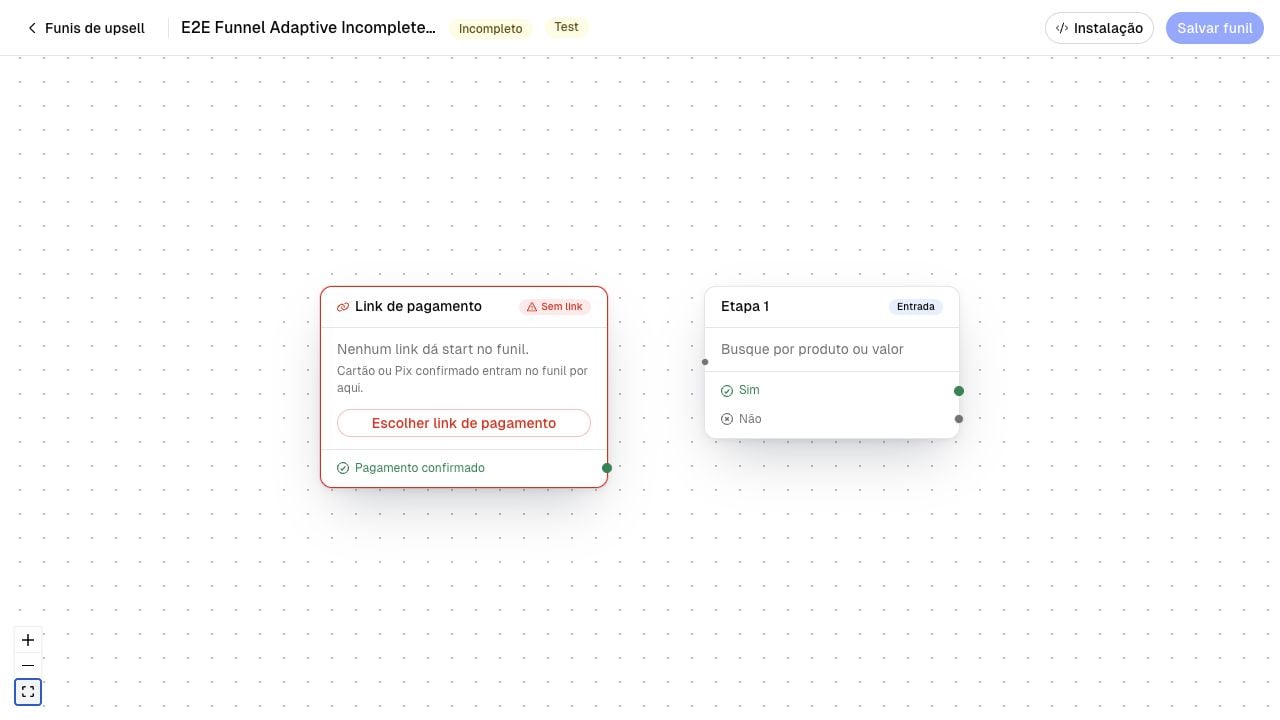 Canvas de um funil incompleto com o card inicial em vermelho, selo Sem link e botão Escolher link de pagamento