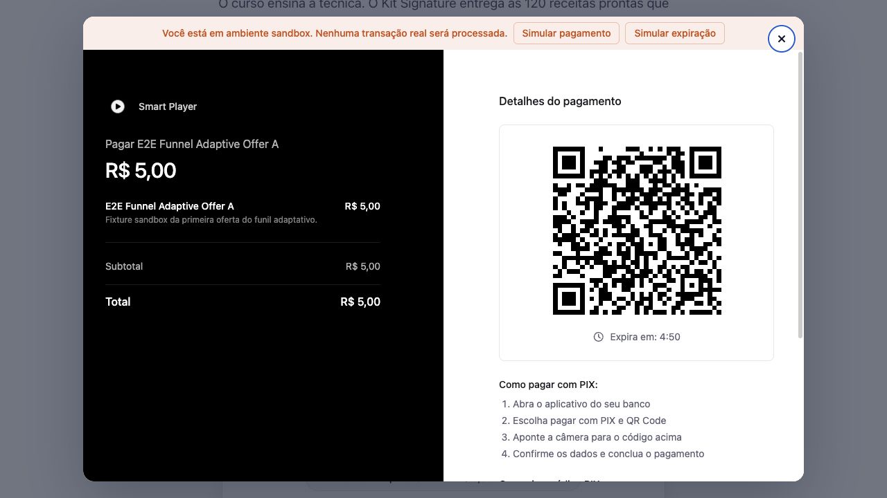 Modal de pagamento de uma oferta exibindo um QR Code Pix com contador de validade